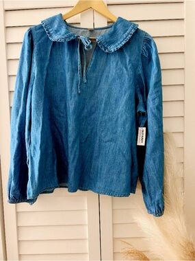 Old Navy Denim Blue Ruffle Collar Tie-Front Blouse